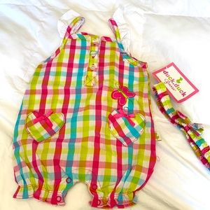 NWT spring plaid jumper, 0-3months, with headband